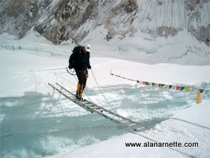 Crossing a ladder in the Western Cwm